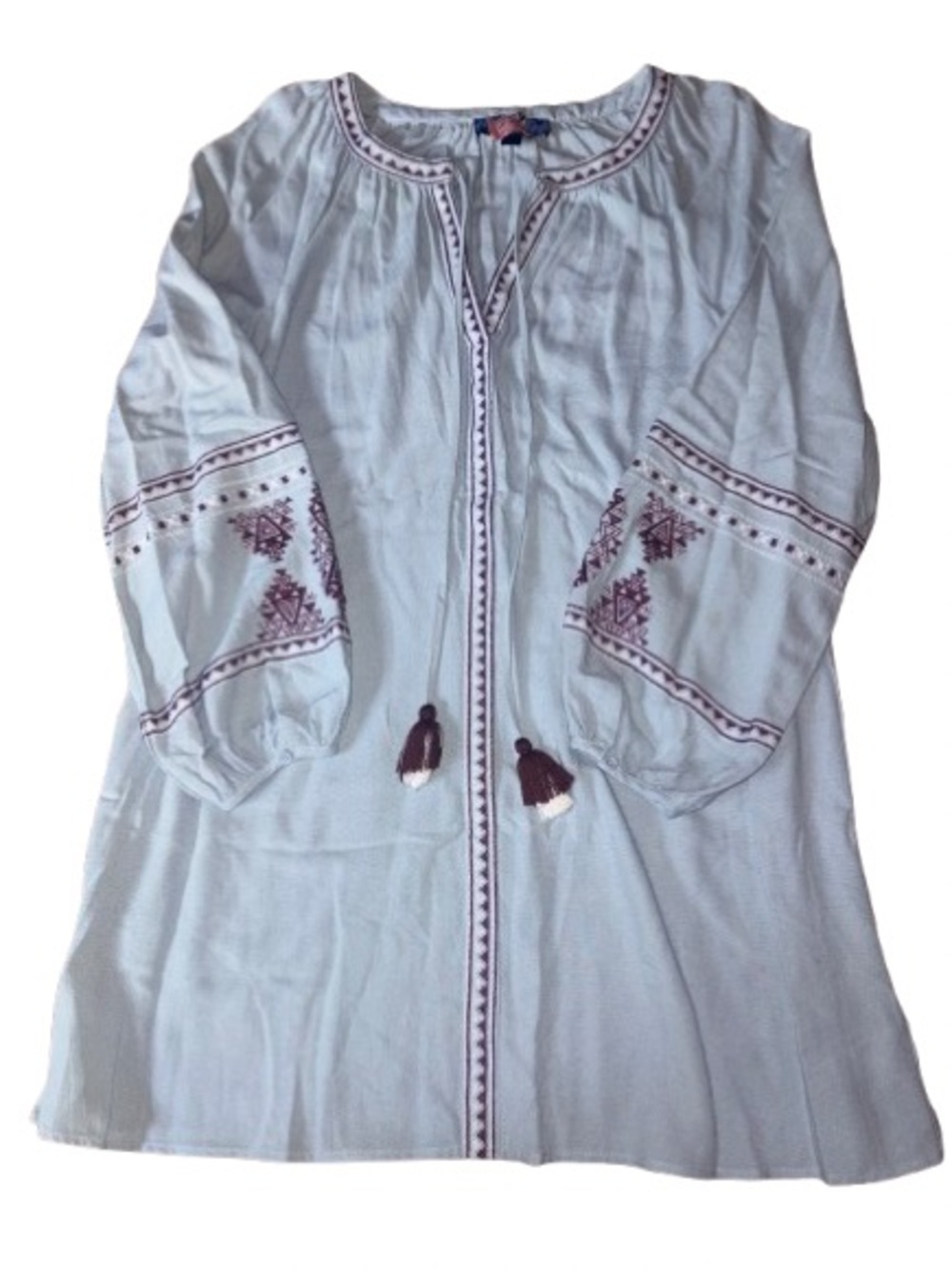 Blue Rain light blue boho embroidered mini dress with tassels size M